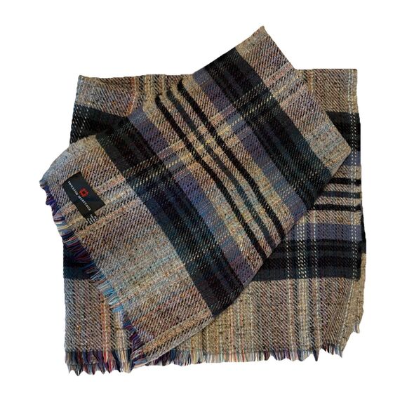 English Heritage Vintage 100% Wool Plaid Throw Blanket 48 X 120 Gray Purple Red - Picture 1 of 6